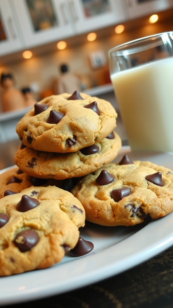 Freshly baked chocolate chip cookies on a plate with a glass of milk.